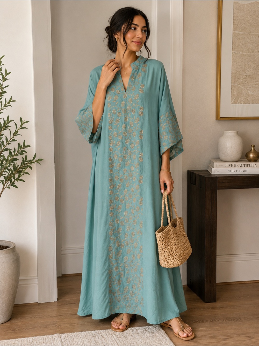 Boho Embroidered blues and gold  Maxi Dress